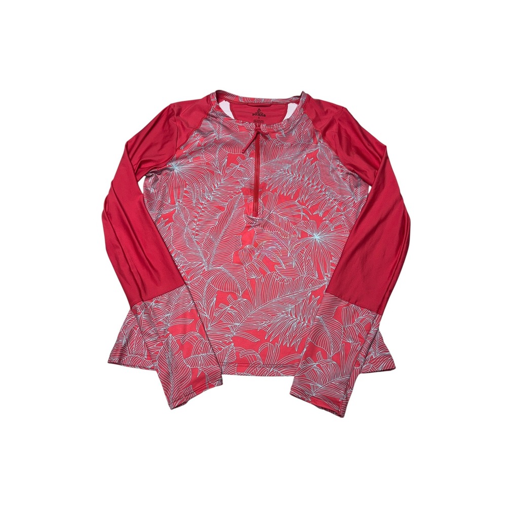Prana Womens S Pink Tropical Palm Rash Guard Quarter Zip Long Sleeve Thumbhole